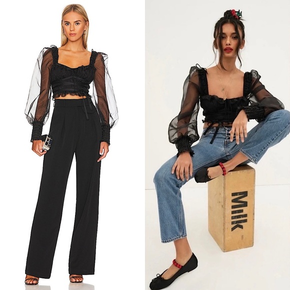 NEW LOVE & LEMONS Organza Puff Long Sleeve Ruffle Sweetheart Neck Crop Top XS - Picture 1 of 16